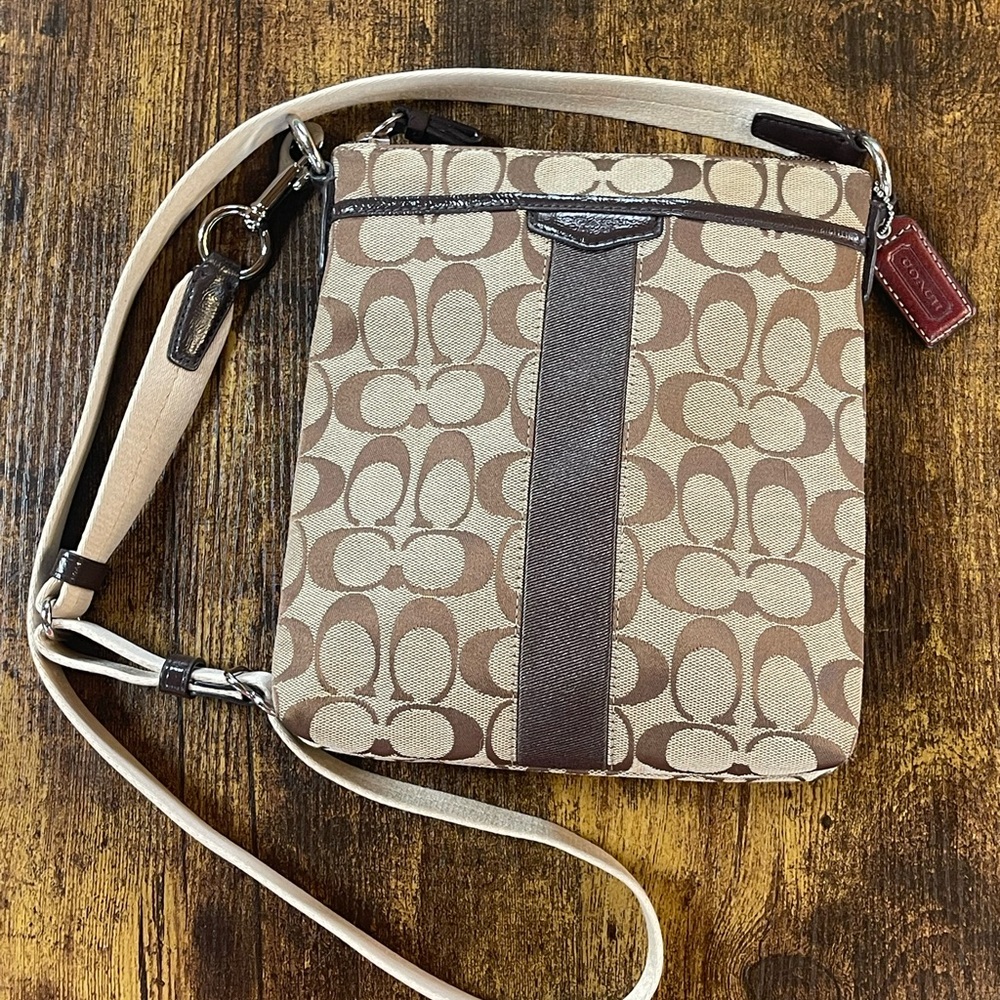 Coach Signature Jacquard Tan and Brown Crossbody Bag with leather accents NWOT
